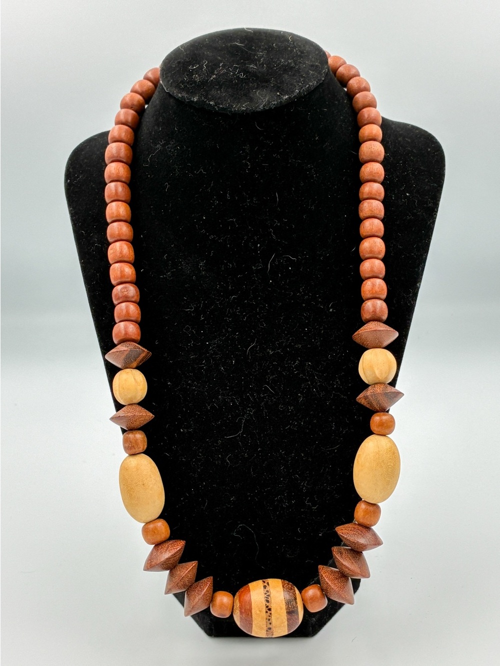 Vintage Chunky Wooden Bead Necklace Large Carved Boho Statement Earth Tone 22"